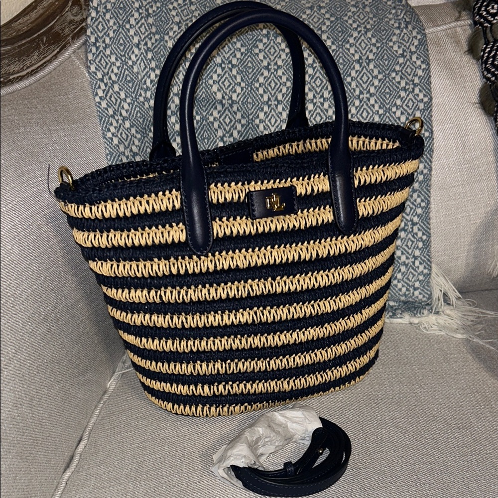 Lauren Ralph Lauren Striped Navy and Natural Woven Tote Bag - Picture 4 of 16
